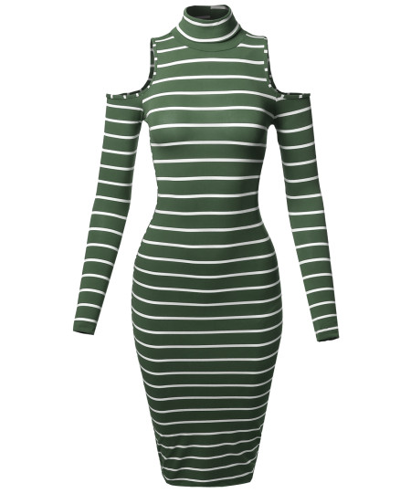 Women's Casual Striped Long Sleeve Mock Neck Cut Off Shoulder Midi Dress