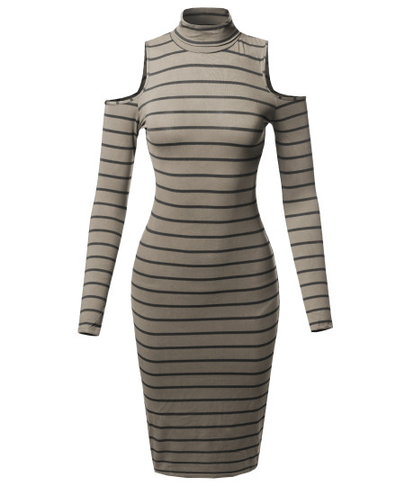 Women's Casual Striped Long Sleeve Mock Neck Cut Off Shoulder Midi Dress