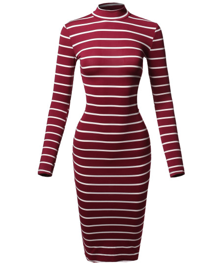 Women's Casual Striped Long Sleeve Mock Neck Midi Dress