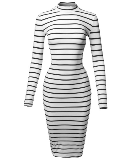 Women's Casual Striped Long Sleeve Mock Neck Midi Dress