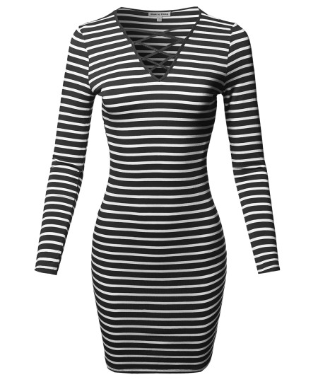 Women's Lattice-Front Stripe Long Sleeves Dress