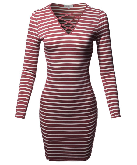 Women's Lattice-Front Stripe Long Sleeves Dress