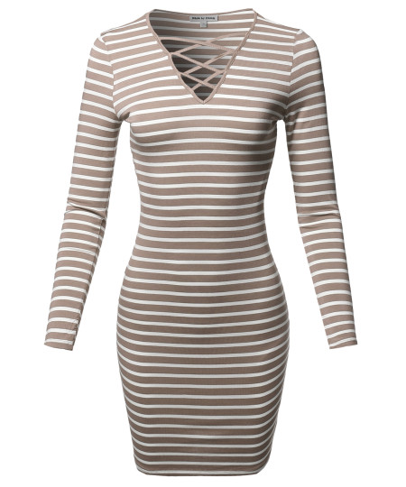Women's Lattice-Front Stripe Long Sleeves Dress