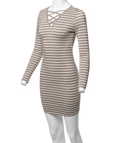 Women's Lattice-Front Stripe Long Sleeves Dress