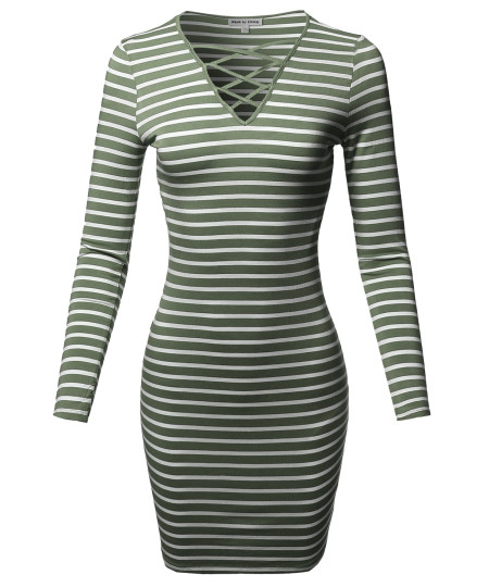 Women's Lattice-Front Stripe Long Sleeves Dress