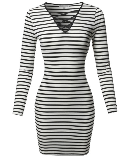 Women's Lattice-Front Stripe Long Sleeves Dress