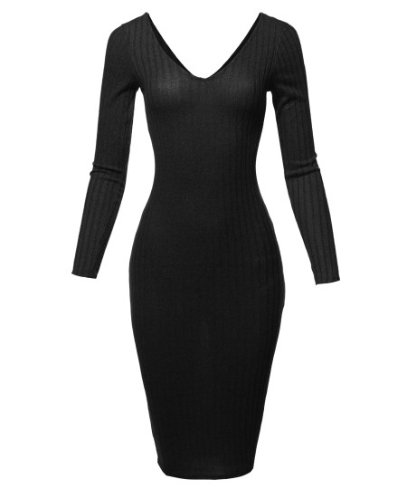 Women's Casual Sexy Soft Brushed Hacci Rib Long Sleeve V-neck Midi Dress