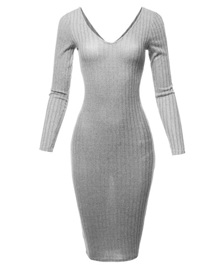 Women's Casual Sexy Soft Brushed Hacci Rib Long Sleeve V-neck Midi Dress