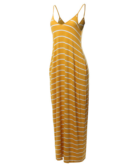 Women's Casual Adjustable Strap Side Pockets Stripe Loose Maxi Dress