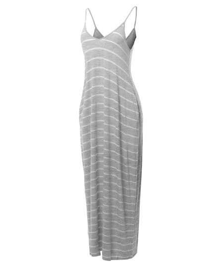 Women's Casual Adjustable Strap Side Pockets Stripe Loose Maxi Dress