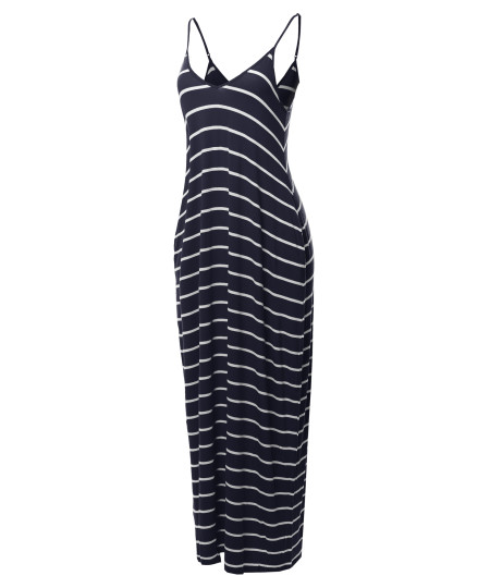 Women's Casual Adjustable Strap Side Pockets Stripe Loose Maxi Dress