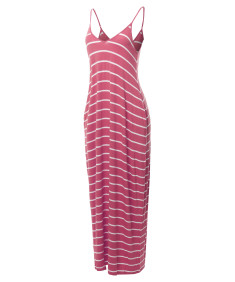 Women's Casual Adjustable Strap Side Pockets Stripe Loose Maxi Dress