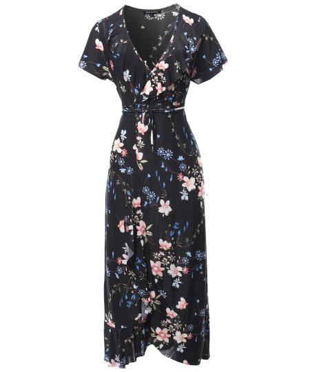 Women's Floral Surplice Wrap Dress with Ruffle Detail