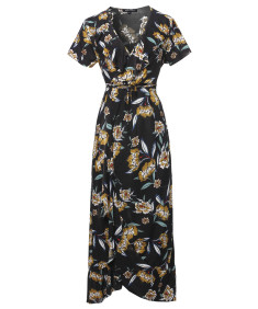 Women's Floral Surplice Wrap Dress with Ruffle Detail