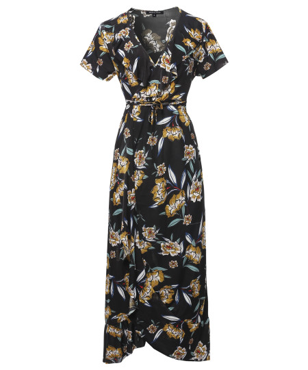 Women's Floral Surplice Wrap Dress with Ruffle Detail