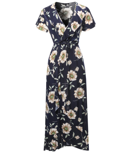 Women's Floral Surplice Wrap Dress with Ruffle Detail