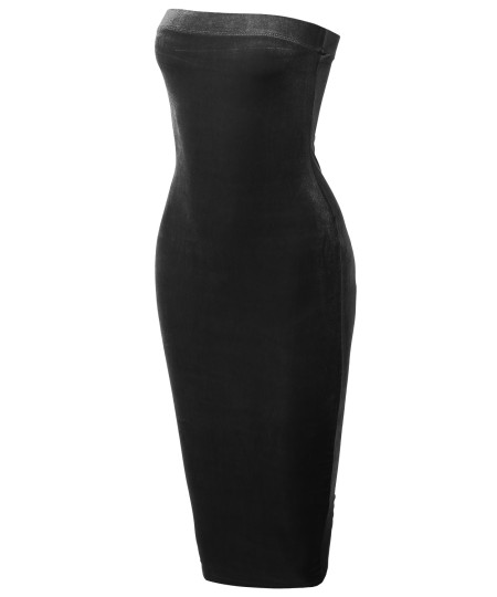 Women's Solid Sexy Velvet Tube Body-Con Midi Dress 