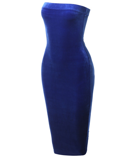 Women's Solid Sexy Velvet Tube Body-Con Midi Dress 