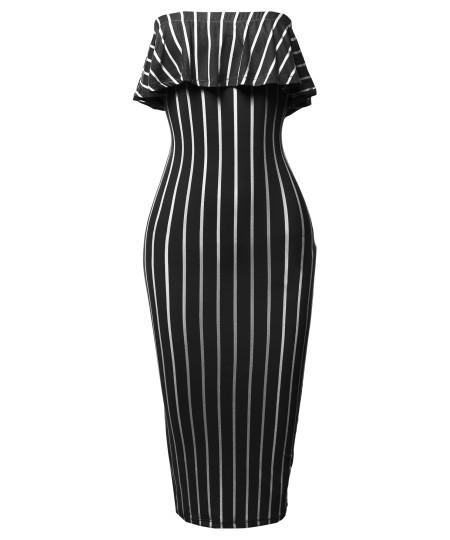 Women's Slim Fit Off-Shoulder Pinstriped Crepe Tube Midi Dress