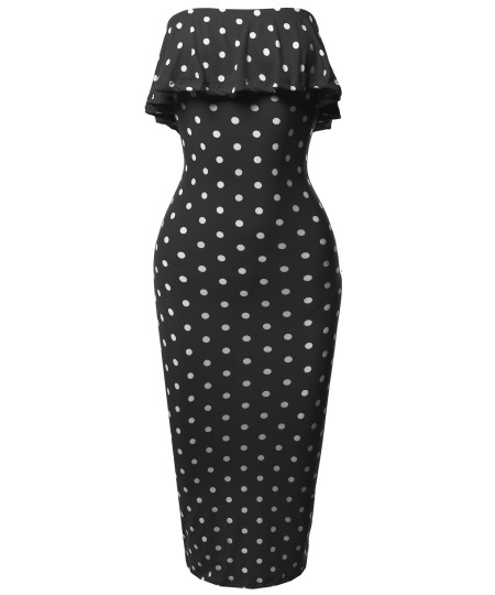 Women's Slim Fit Off-Shoulder Pinstriped Crepe Tube Midi Dress