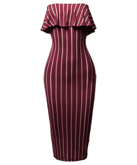 Women's Slim Fit Off-Shoulder Pinstriped Crepe Tube Midi Dress
