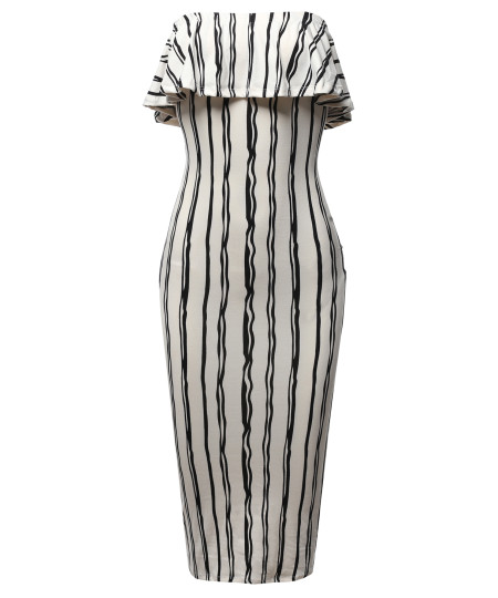 Women's Slim Fit Off-Shoulder Pinstriped Crepe Tube Midi Dress