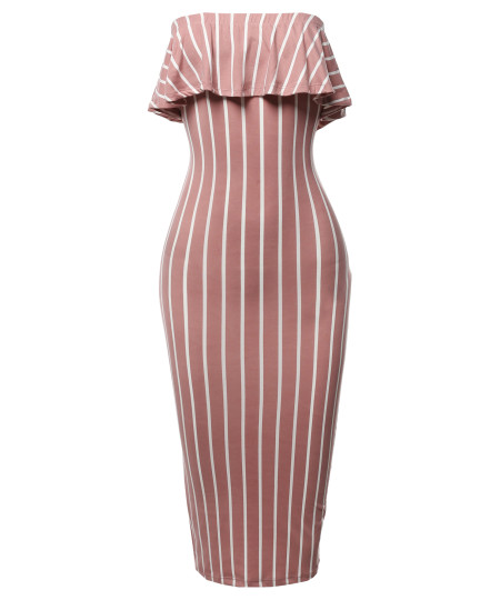 Women's Slim Fit Off-Shoulder Pinstriped Crepe Tube Midi Dress