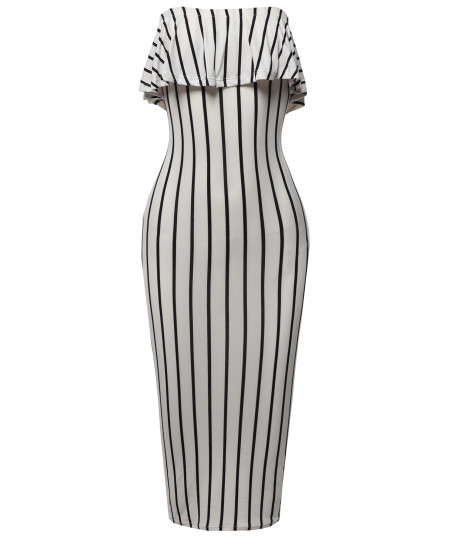 Women's Slim Fit Off-Shoulder Pinstriped Crepe Tube Midi Dress