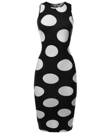 Women's Sexy Premium Stretch Fabric Allover Polka Dot Bodycon Tank Midi Dress