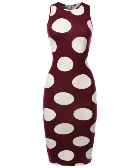 Women's Sexy Premium Stretch Fabric Allover Polka Dot Bodycon Tank Midi Dress