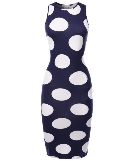 Women's Sexy Premium Stretch Fabric Allover Polka Dot Bodycon Tank Midi Dress