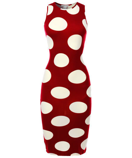 Women's Sexy Premium Stretch Fabric Allover Polka Dot Bodycon Tank Midi Dress