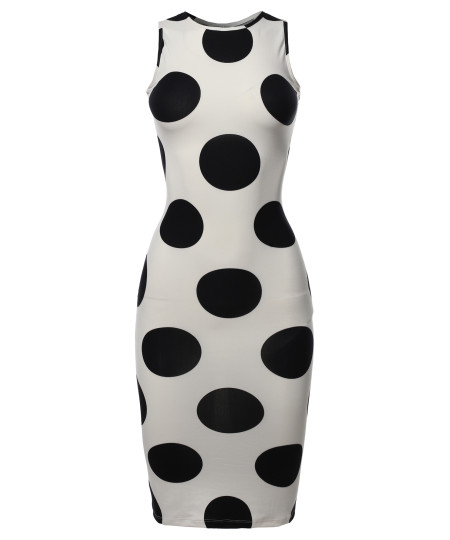 Women's Sexy Premium Stretch Fabric Allover Polka Dot Bodycon Tank Midi Dress