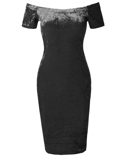 Women's Sexy Off Shoulder Ice Velvet Body-Con Midi Dress