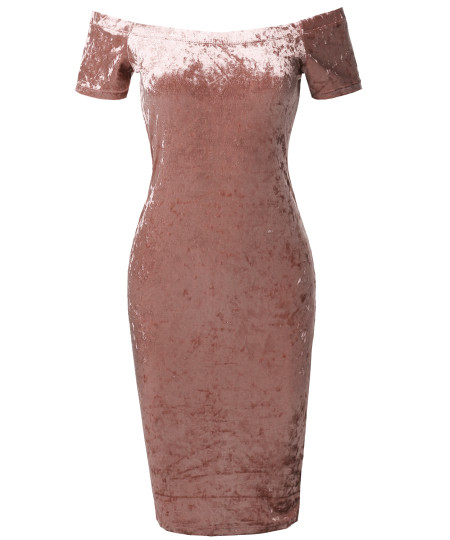 Women's Sexy Off Shoulder Ice Velvet Body-Con Midi Dress