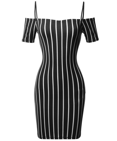Women's Pinstripe Print Spaghetti Strap Off-Shoulder Body-Con Mini Dress