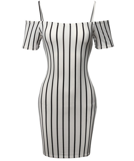 Women's Pinstripe Print Spaghetti Strap Off-Shoulder Body-Con Mini Dress
