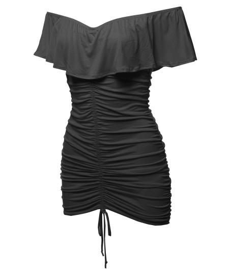 Women's Sexy Elegant Stretchable Bodycon Front Drawstring Ruffled Off Shoulder Dress