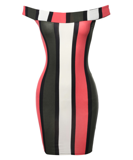 Women's Casual Sexy Soft Stretchable Sleeveless Striped Off Shoulder Mini Dress