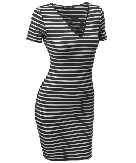 Women's Lattice-Front Stripe Short Sleeves Dress