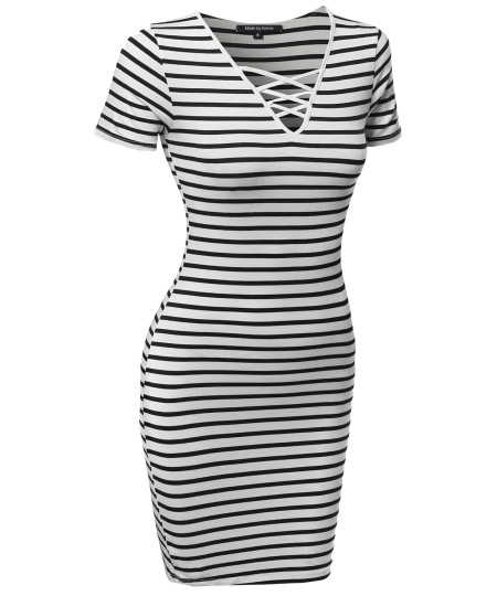 Women's Lattice-Front Stripe Short Sleeves Dress