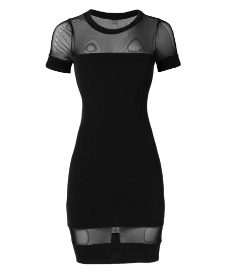 Women's Solid Mesh Short Sleeve Crew Neck Sexy Bodycon Dress