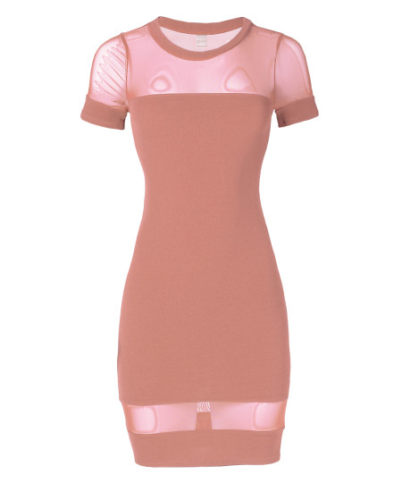 Women's Solid Mesh Short Sleeve Crew Neck Sexy Bodycon Dress