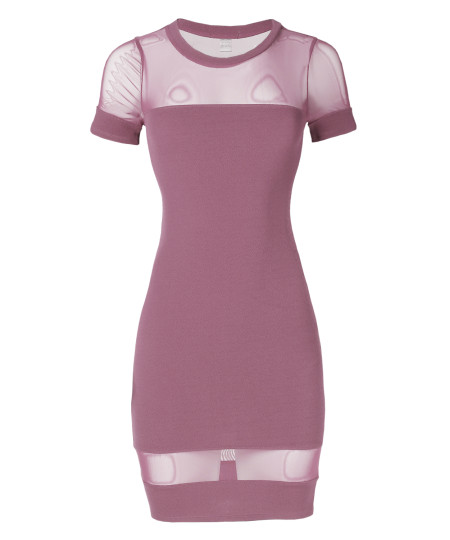 Women's Solid Mesh Short Sleeve Crew Neck Sexy Bodycon Dress