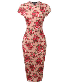 Women's Casual Floral Print Cap Sleeves  Body-Con Midi Dress