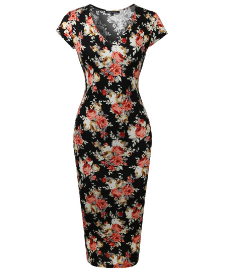 Women's Casual Floral Print Cap Sleeves  Body-Con Midi Dress