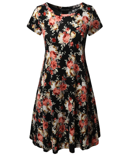 Women's Casual Short Sleeves Loose Flare Floral Mini Dress