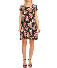 Women's Casual Short Sleeves Loose Flare Floral Mini Dress