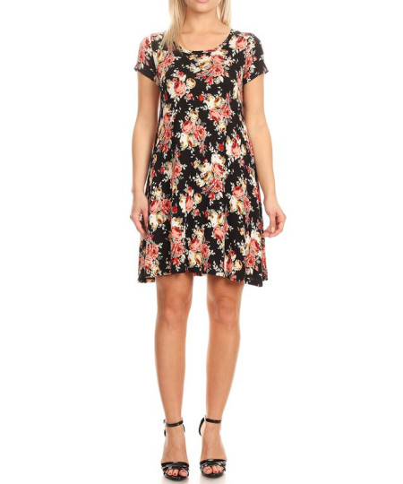 Women's Casual Short Sleeves Loose Flare Floral Mini Dress
