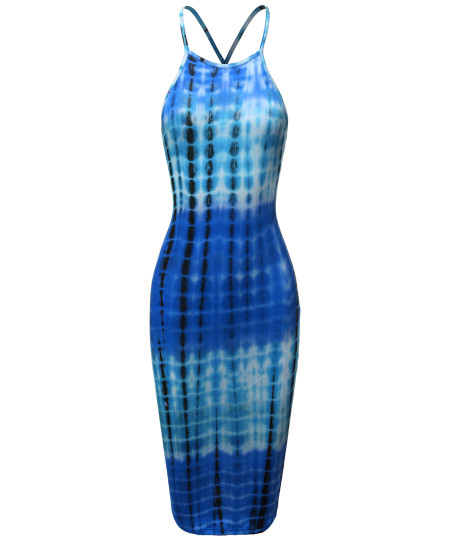 Women's Casual Sexy Sleeveless Tie Dye with Crossed Strap Back Midi Dress